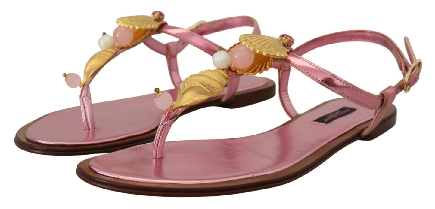 Dolce & Gabbana Chic Pink Leather Sandals with Exquisite Embellishment