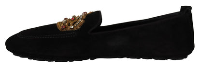 Dolce & Gabbana Elegant Black Leather Loafer Slides with Gold Embroidery