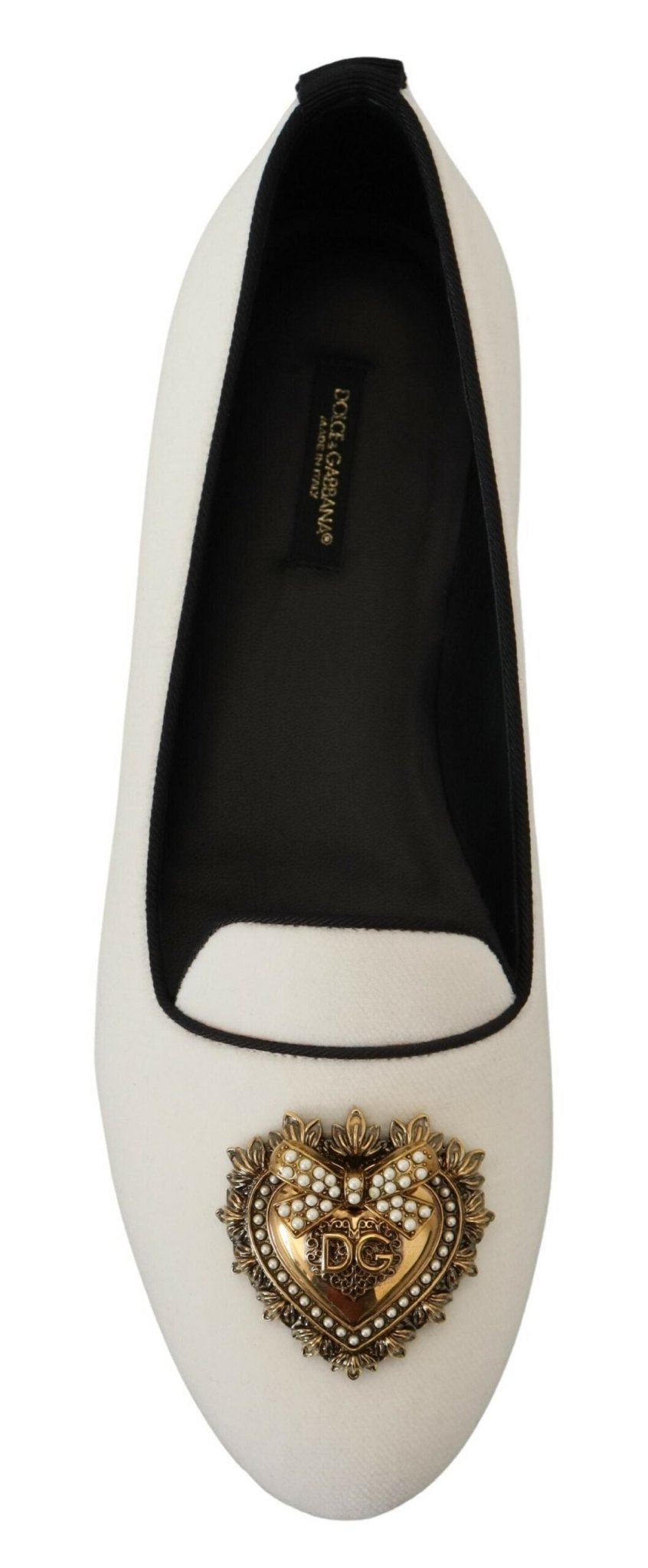 Dolce & Gabbana Elegant White Velvet Loafers with Gold Heart Detail