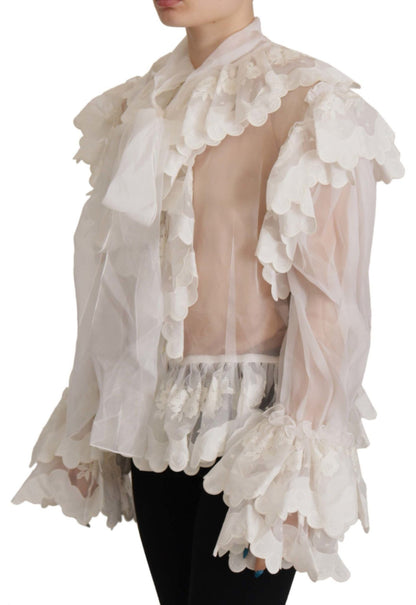 Dolce & Gabbana White Ruffles Lace Long Sleeve Blouse Top