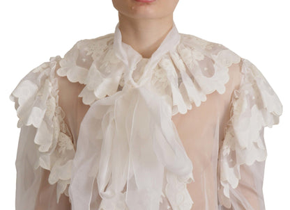 Dolce & Gabbana White Ruffles Lace Long Sleeve Blouse Top