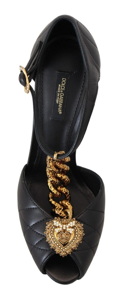 Dolce & Gabbana Black Leather Gold Devotion Heart Sandals Shoes