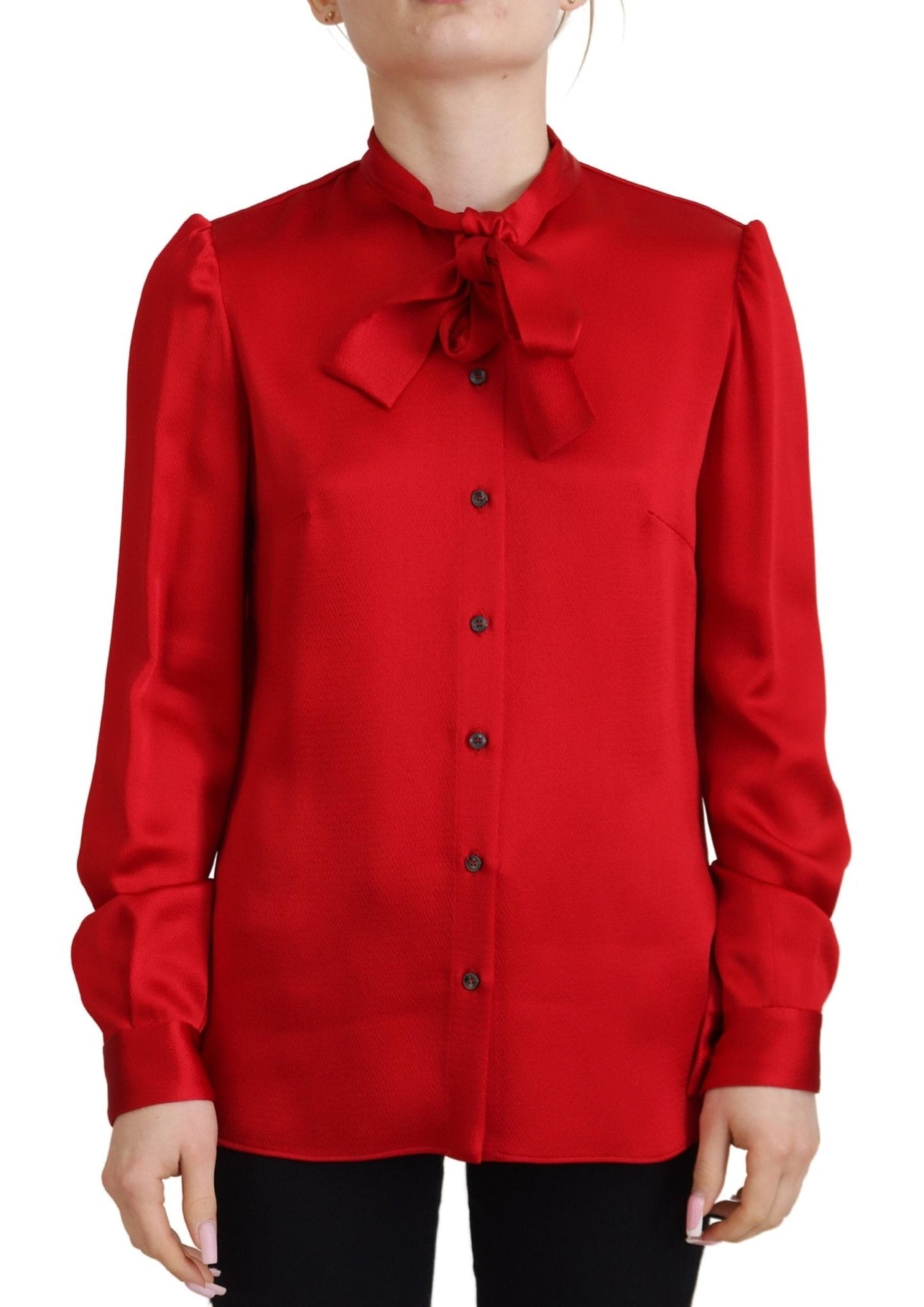 Dolce & Gabbana Red Ascot Collar Long Sleeves Blouse Top