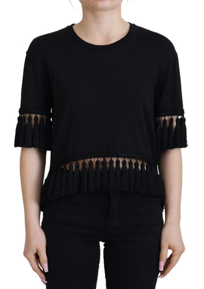 Dolce & Gabbana Black T-shirt Blouse Tassle Cotton Blouse
