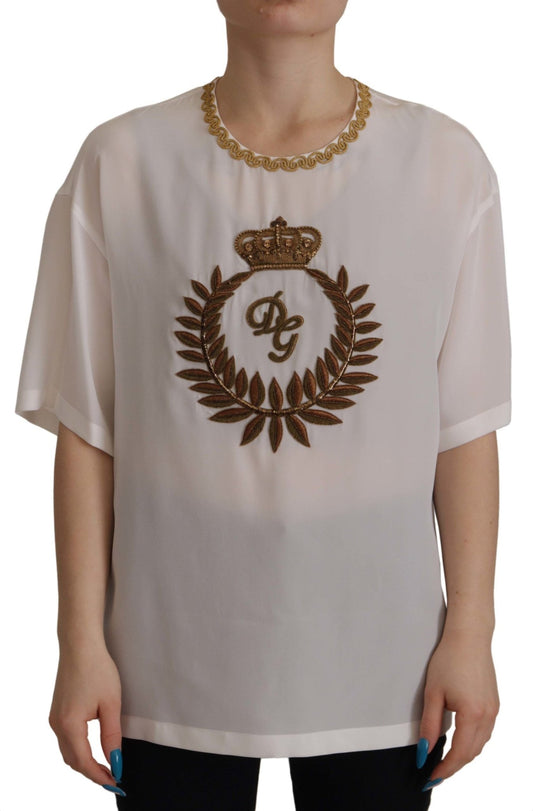 Dolce & Gabbana Elegant Silk Blouse with Gold Crown Embroidery