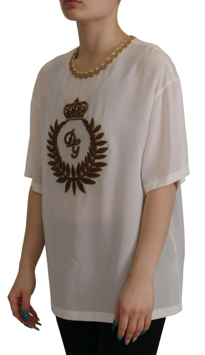 Dolce & Gabbana Elegant Silk Blouse with Gold Crown Embroidery