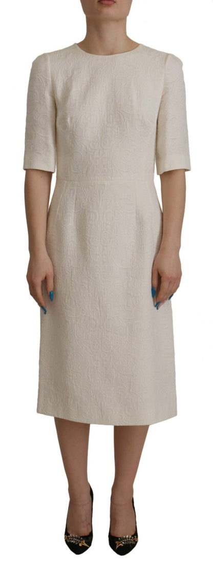 Dolce & Gabbana White Jaquard Midi Floral Sheath Brocade Dress