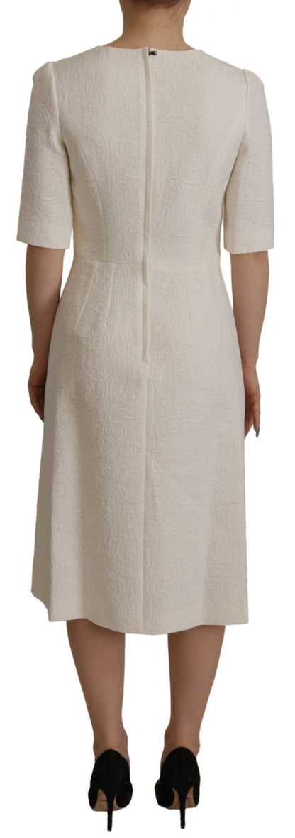 Dolce & Gabbana White Jaquard Midi Floral Sheath Brocade Dress