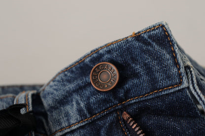 Dolce & Gabbana Blue Denim Baroque Heart Logo Patch Pants Jeans