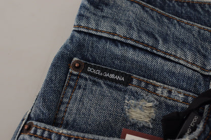 Dolce & Gabbana Blue Denim Baroque Heart Logo Patch Pants Jeans