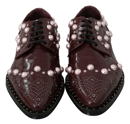 Dolce & Gabbana Elegant Bordeaux Lace-Up Flats with Pearls and Crystals