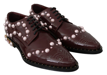 Dolce & Gabbana Elegant Bordeaux Lace-Up Flats with Pearls and Crystals