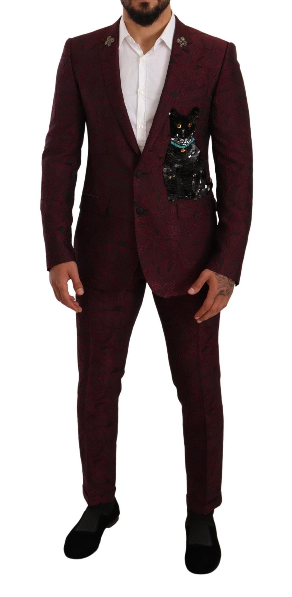Dolce & Gabbana Elegant Maroon Leaf Pattern Two-Piece Suit
