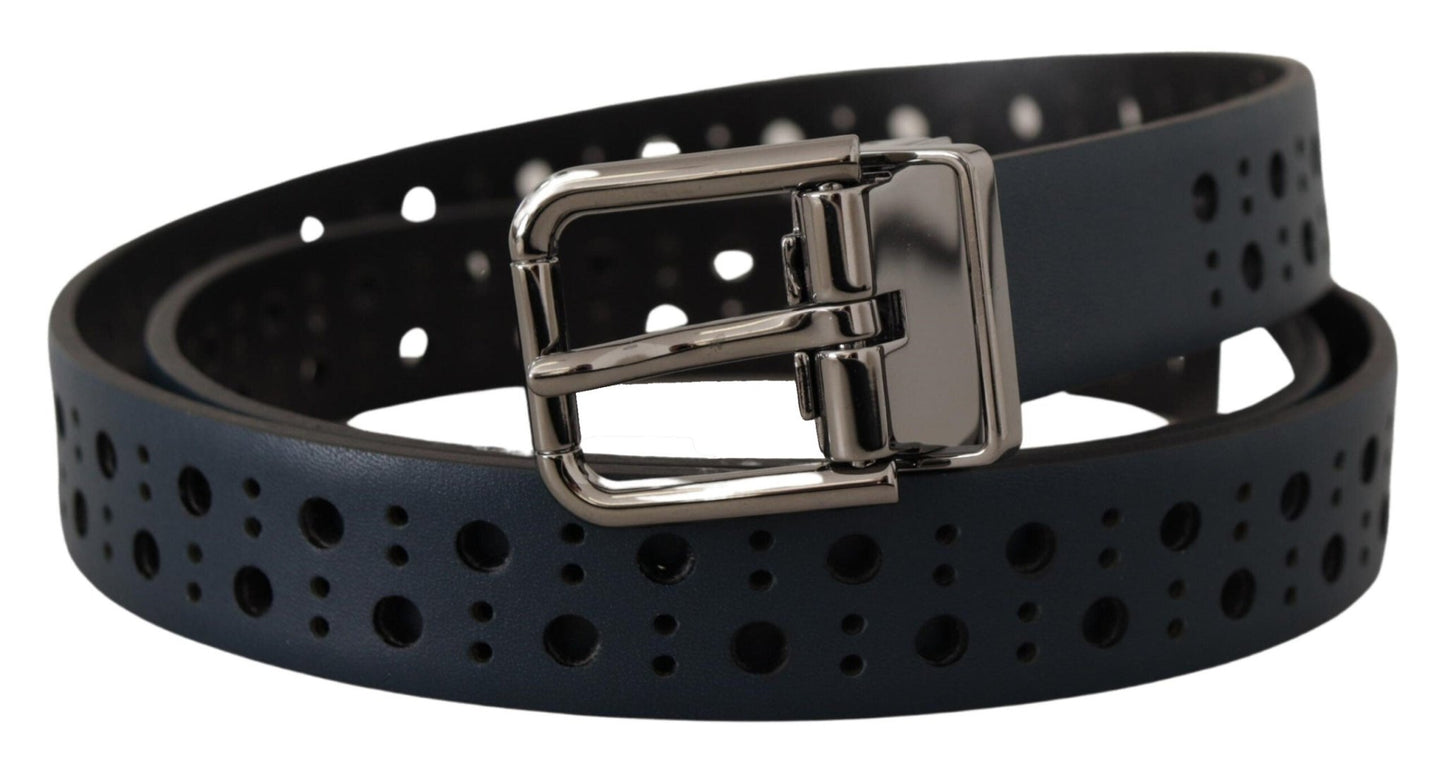 Dolce & Gabbana Navy Blue Perforated Leather Skinny Metal Buckle Belt