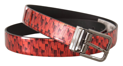 Dolce & Gabbana Red Herringbone Leather Gray Tone Buckle Belt