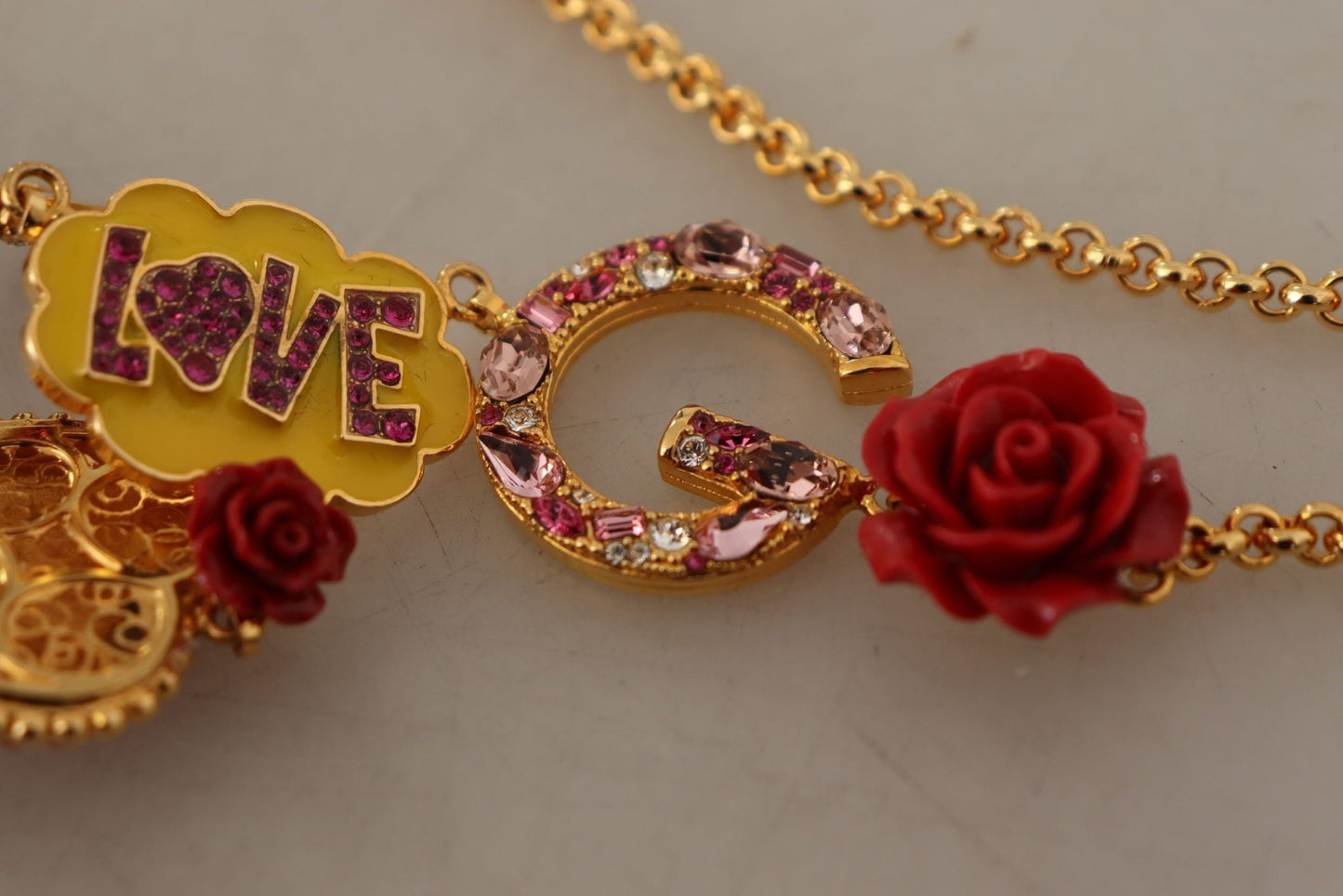 Dolce & Gabbana Gold Rose Love Crystal Charm Chain Necklace