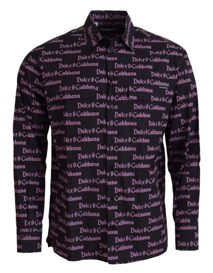 Dolce & Gabbana Black Purple Logo Slim Dress Formal Shirt