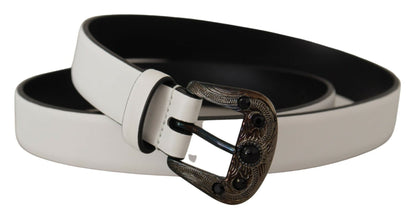 Dolce & Gabbana White Leather Crystal Metal Buckle Belt