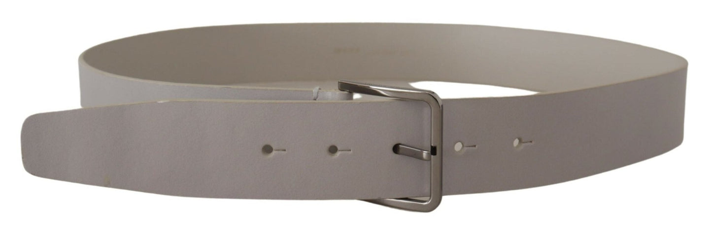 Dolce & Gabbana White Leather Wide Silver Metal Buckle Belt