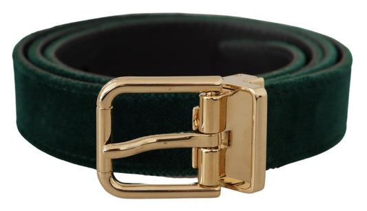 Dolce & Gabbana Emerald Velvet Designer Belt with Golden Buckle