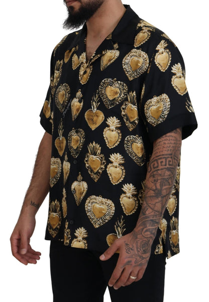 Dolce & Gabbana Black Gold Heart Short Sleeve Silk Satin Shirt