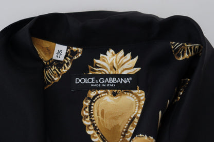 Dolce & Gabbana Black Gold Heart Short Sleeve Silk Satin Shirt