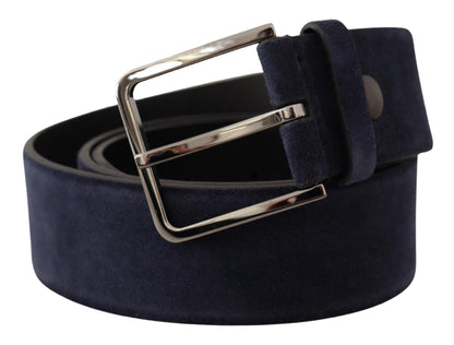 Dolce & Gabbana Navy Blue Velvet Leather Silver Logo Buckle Belt