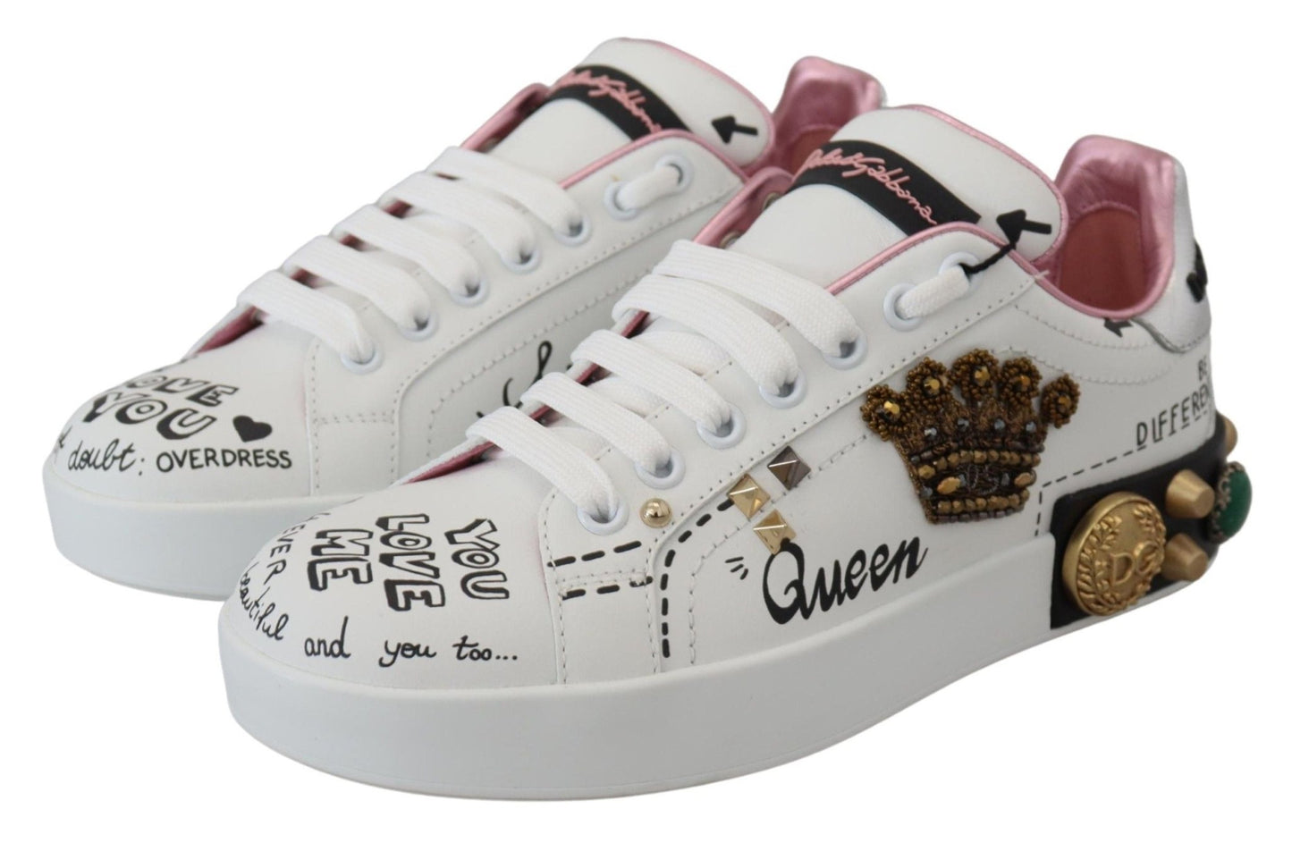 Dolce & Gabbana White Leather Crystal Queen Crown Sneakers Shoes