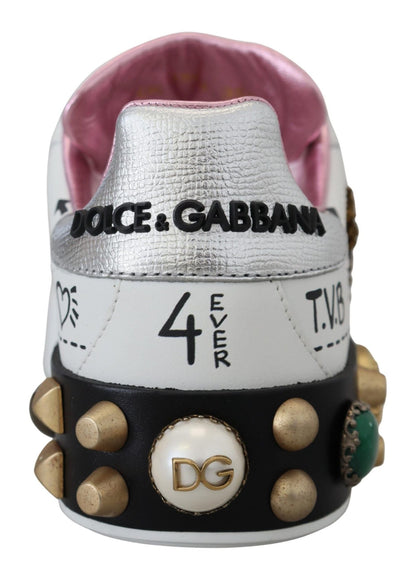 Dolce & Gabbana White Leather Crystal Queen Crown Sneakers Shoes