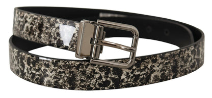 Dolce & Gabbana Black Marble Print Leather Silver Logo Buckle Belt
