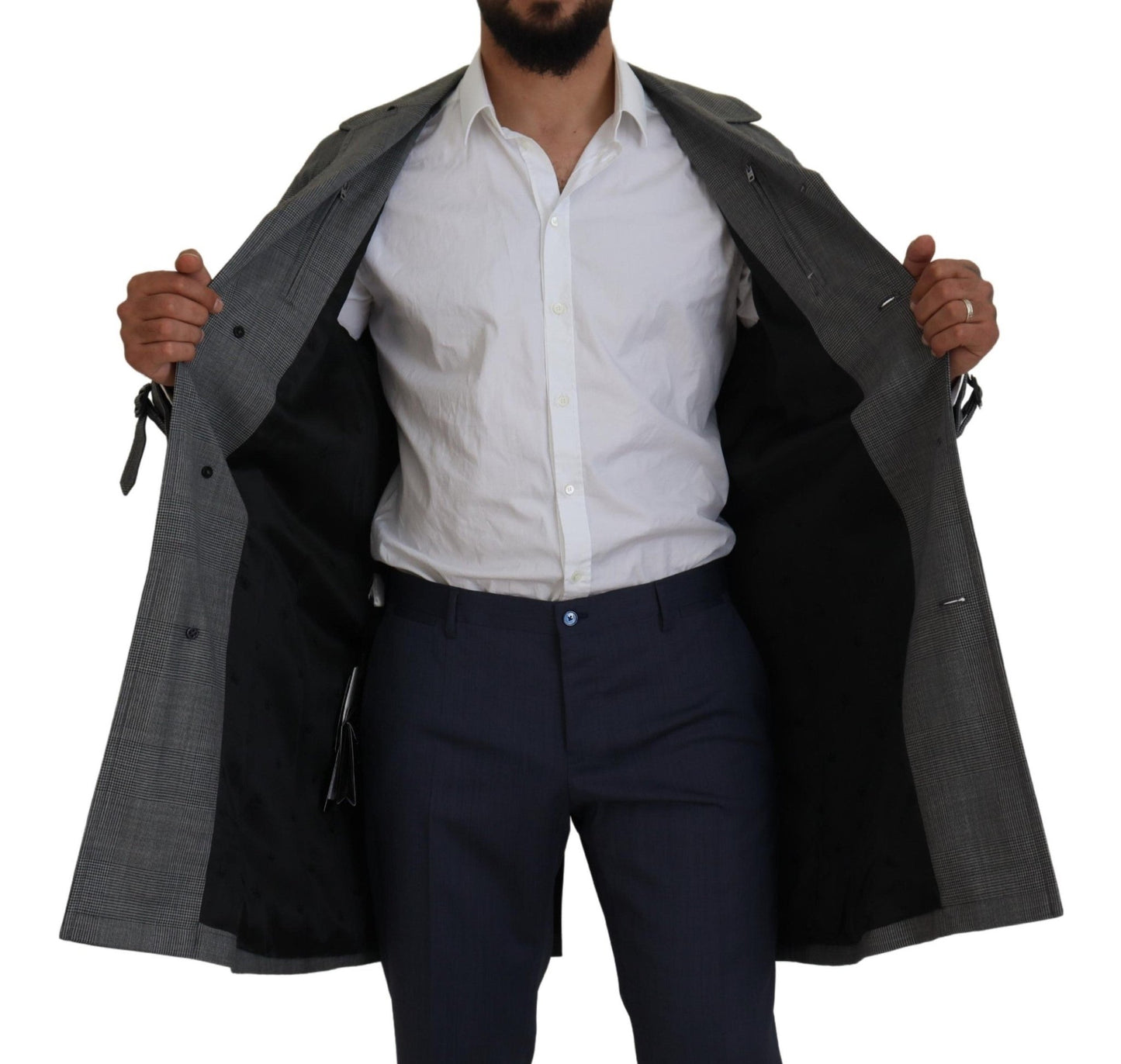 Dolce & Gabbana Gray Wool Plaid Long Trench Coat Jacket Trench Coat Jacket