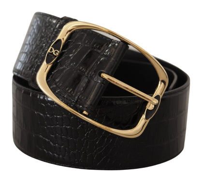 Dolce & Gabbana Black Crocodile Print Gold Metal DG Logo Buckle Belt