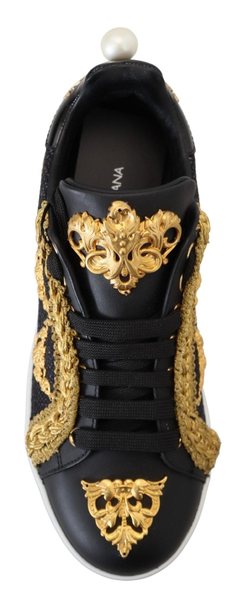 Dolce & Gabbana Black Gold Baroque Portofino Leather Sneakers Shoes