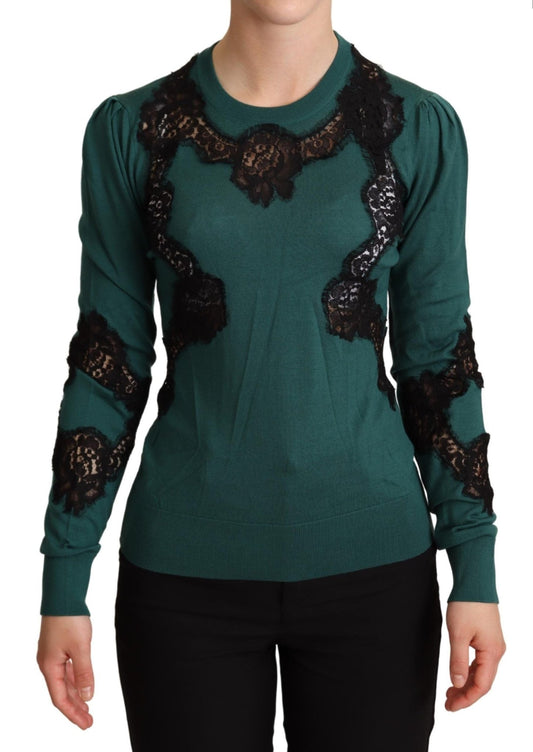 Dolce & Gabbana Elegant Green Pullover with Black Lace Detail
