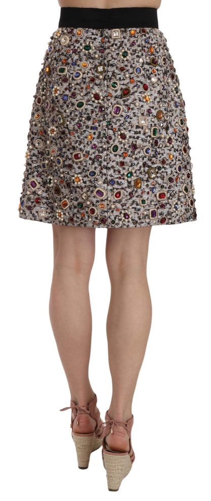 Dolce & Gabbana Silver Embellished High Waist Mini Skirt
