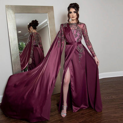 Elegant Burgundy Arabic Evening Dresses with Cape Long Sleeve Luxury Dubai Beaded Muslim Formal Dress for Women Wedding Party