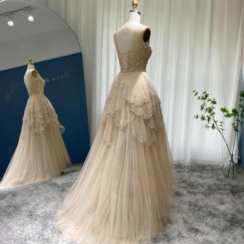 Luxury Dubai Champagne High Low Evening Dress 2022 Elegant Tiered Ruffles Short Front Long Back Arabic Prom Party Dresses SS249