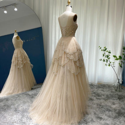 Luxury Dubai Champagne High Low Evening Dress 2022 Elegant Tiered Ruffles Short Front Long Back Arabic Prom Party Dresses SS249