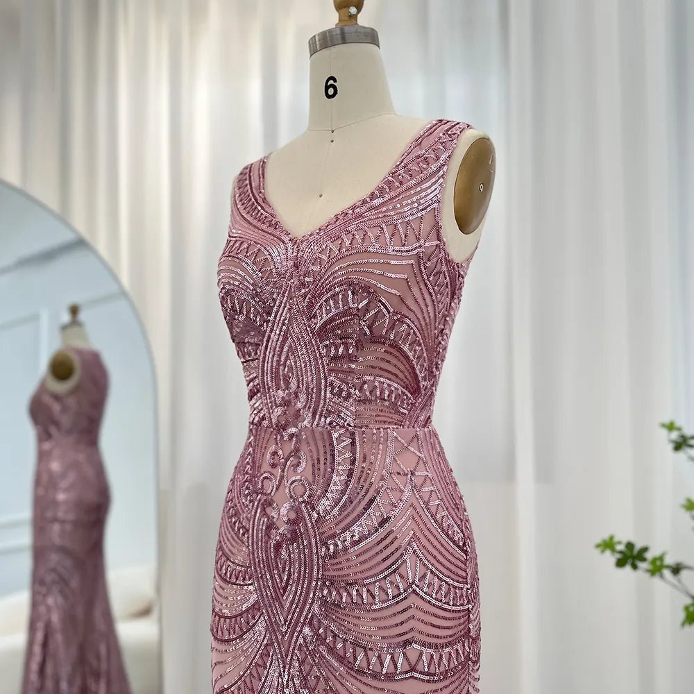 Sharon Said Elegant Pink Sequined Mermaid Evening Dresses for Women Wedding Party Sexy V-Neck Long Graduation Prom Dress SS031