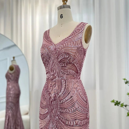 Sharon Said Elegant Pink Sequined Mermaid Evening Dresses for Women Wedding Party Sexy V-Neck Long Graduation Prom Dress SS031