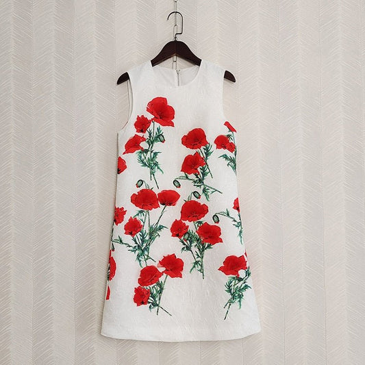 Designer Fashion Women Tank Dress Sleeveless Red Flower Print Beading Mini Casual Vacation Female