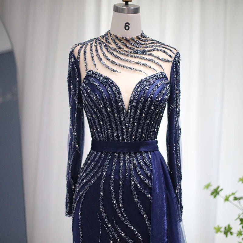 Luxury Navy Blue Mermaid Dubai Evening Dress with Detachable Skirt Long Sleeve Arabic Formal Gowns for Women Wedding Party SS526