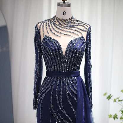 Luxury Navy Blue Mermaid Dubai Evening Dress with Detachable Skirt Long Sleeve Arabic Formal Gowns for Women Wedding Party SS526