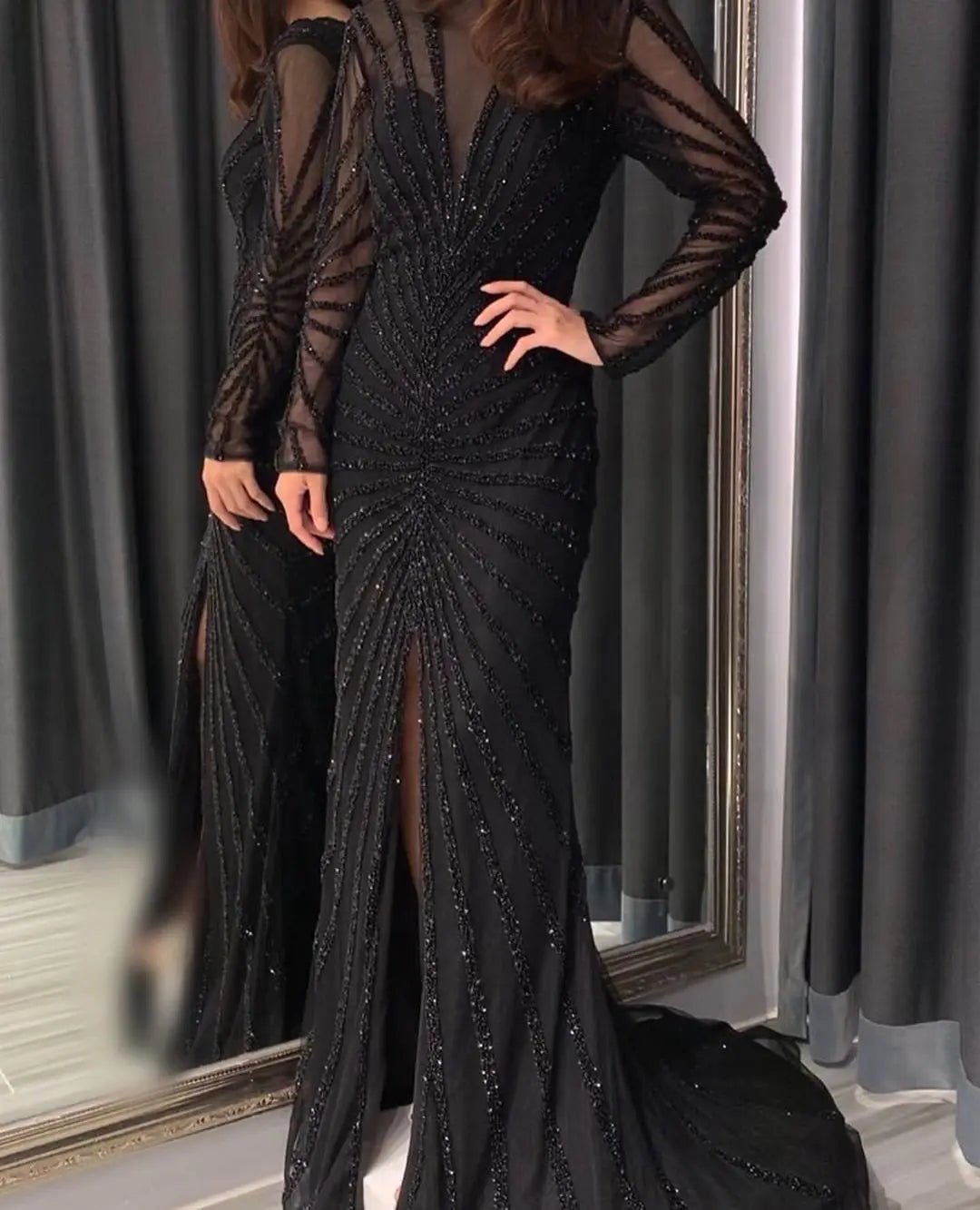 Luxury Black Mermaid Long Sleeve Arabic Evening Dress for Women Party Formal Dresses Front Split Dubai Graduation Prom Dress