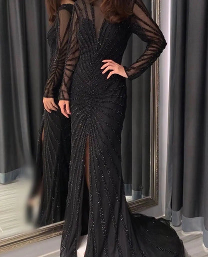 Luxury Black Mermaid Long Sleeve Arabic Evening Dress for Women Party Formal Dresses Front Split Dubai Graduation Prom Dress