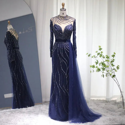 Luxury Navy Blue Mermaid Dubai Evening Dress with Detachable Skirt Long Sleeve Arabic Formal Gowns for Women Wedding Party SS526