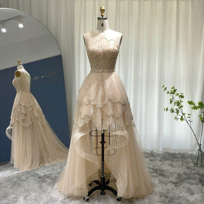 Luxury Dubai Champagne High Low Evening Dress 2022 Elegant Tiered Ruffles Short Front Long Back Arabic Prom Party Dresses SS249