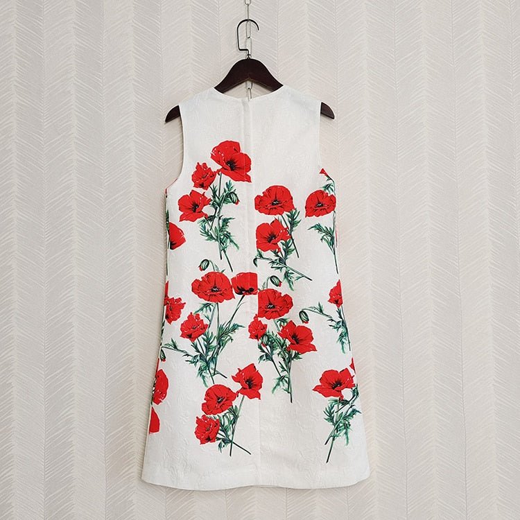 Designer Fashion Women Tank Dress Sleeveless Red Flower Print Beading Mini Casual Vacation Female