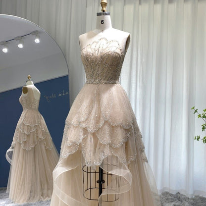 Luxury Dubai Champagne High Low Evening Dress 2022 Elegant Tiered Ruffles Short Front Long Back Arabic Prom Party Dresses SS249