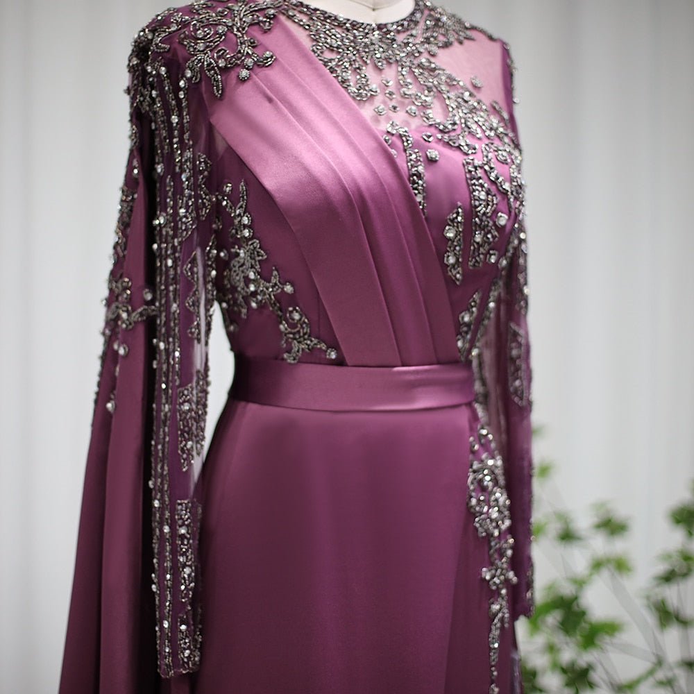 Elegant Burgundy Arabic Evening Dresses with Cape Long Sleeve Luxury Dubai Beaded Muslim Formal Dress for Women Wedding Party